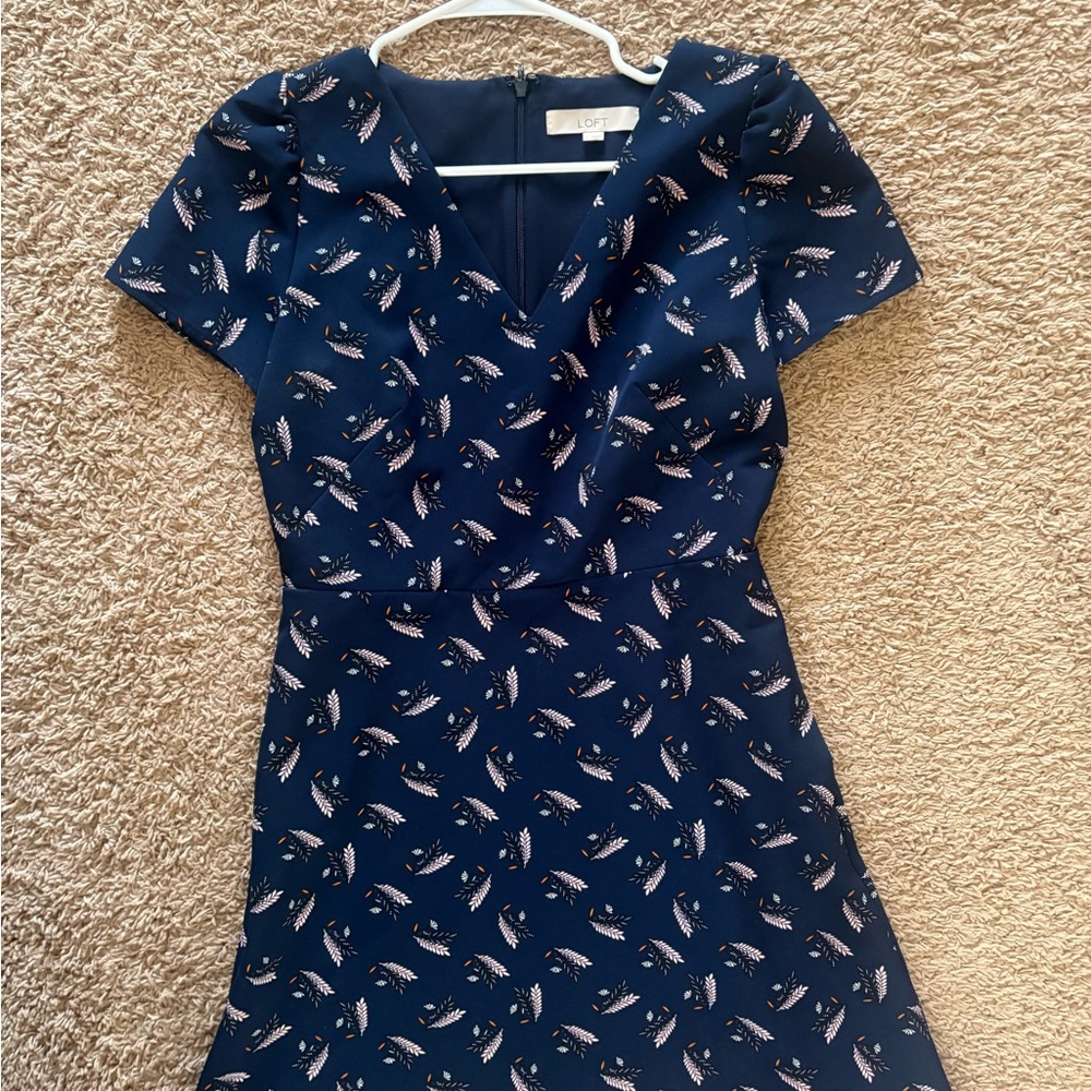 LOFT Navy Blue Feather Print Dress